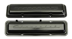 283 327 Valve Covers, Perimeter Bolt Mounting, Steel, Black, Chevrolet Logo, Chevy, Small Block, Pair