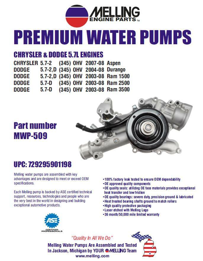 Melling MWP509 Wasserpumpe, passend für 2003–2008 Chrysler Jeep Dodge 5,7 l Hemi