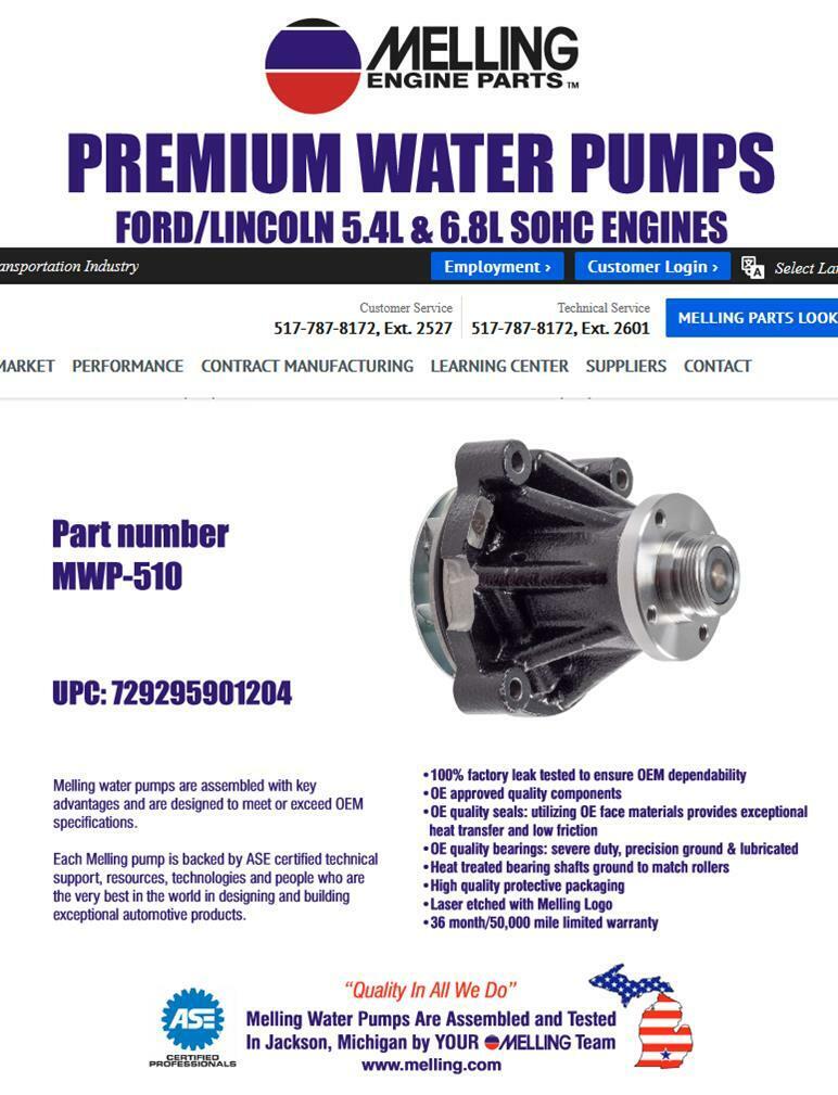 Melling MWP510 Wasserpumpe, passend für Ford Lincoln 5.4 6.8 SOHC, Baujahr 2000–2018.