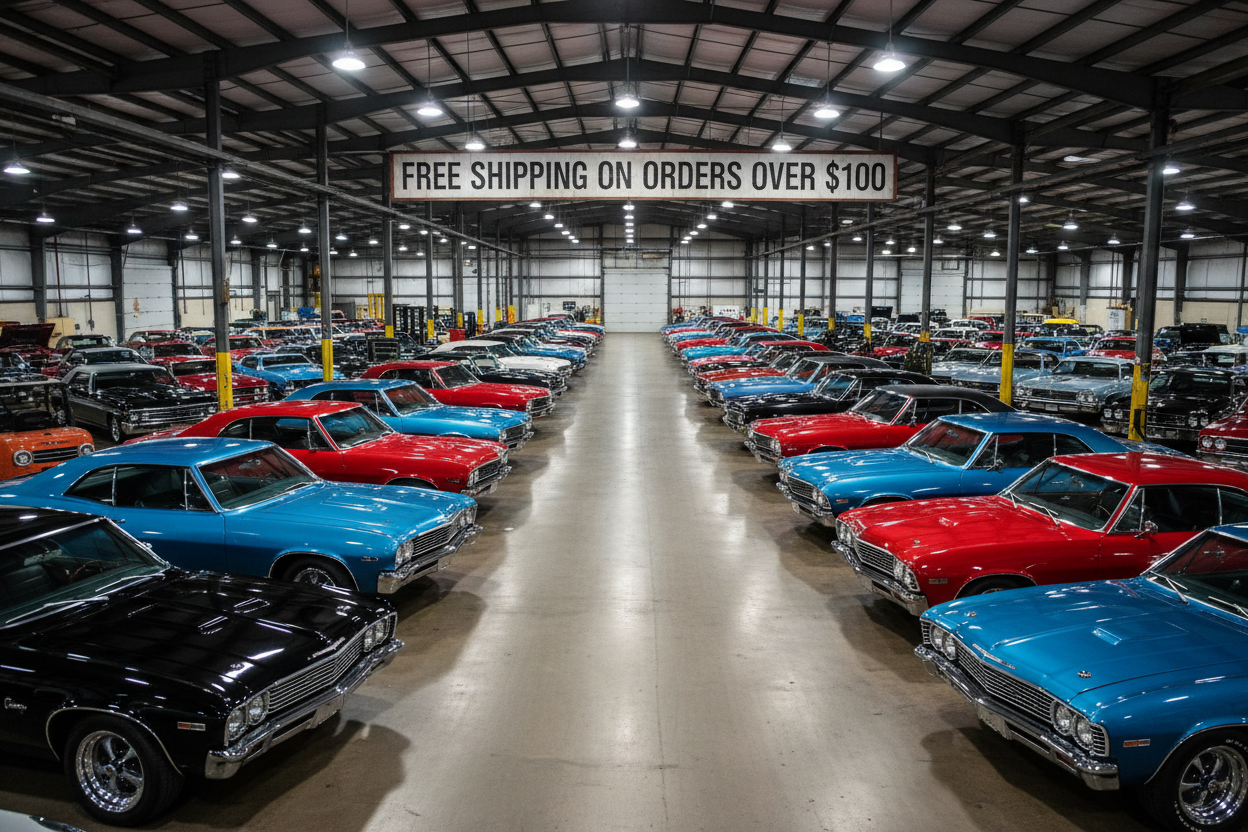 warehouse full of chevrolet impalas and chevelles and novas and camaros and el caminos and a big sign that says FREE SHIPPING ON ORDERS OVER $100