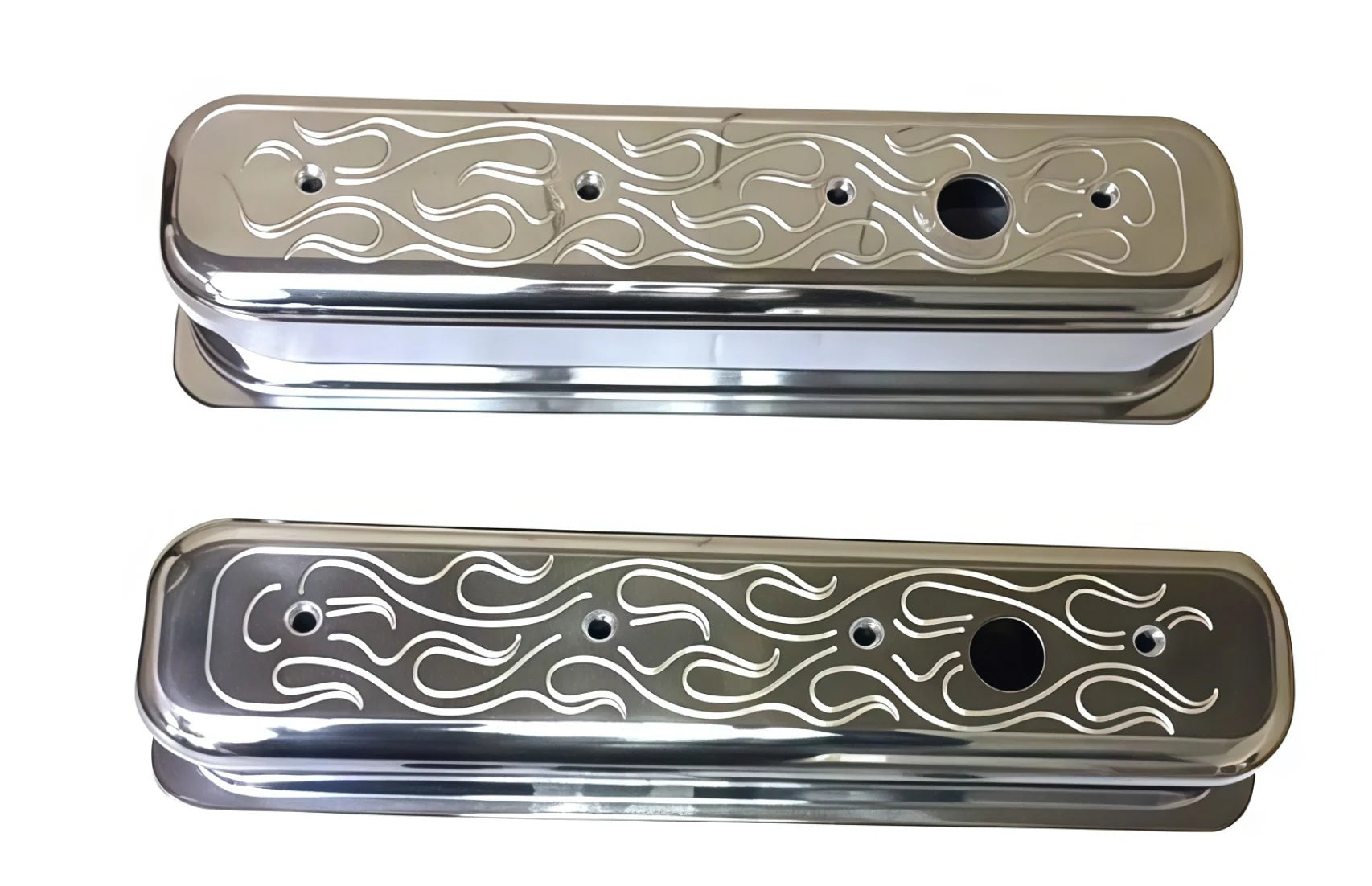Tall Aluminum Flame Valve Cover 1987-97 SBC 305-350 Center Bolt w/ Hole Polished,Black