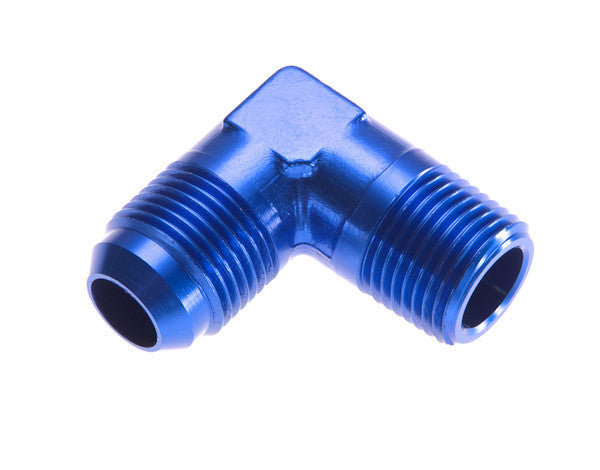 8AN 90Deg Male Adapter to 1/4in NPT Male Blue