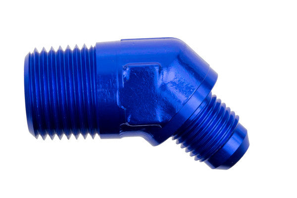 6AN 45Deg Male Adapter to 3/8in NPT Male Blue