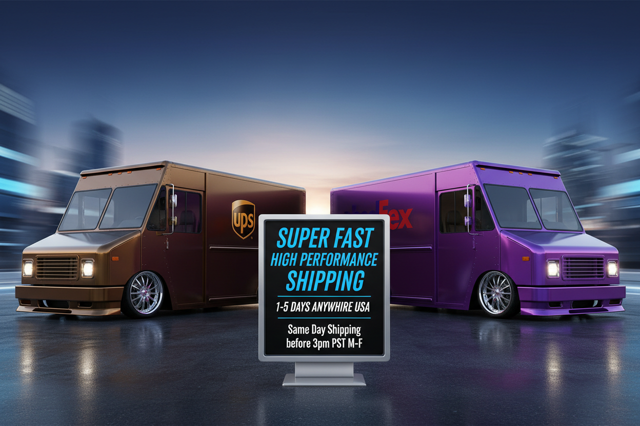 Make a banner photo for my shopify store with a high performance UPS truck and a Fed Ex Truck , both slammed to the ground with 20 inch wheels and custom paint jobs and a sign that says SUPER FAST HIGH PERFORMANCE SHIPPING 1-5 DAYS ANYWHERE USA and another sign that says Same Day Shipping before 3pm PST M-F