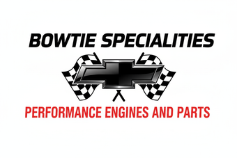 MAKE ME A LOGO THAT SAYS BOWTIE SPECIALTIES WITH A CHEVROLET SYMBOL AND CHECKERED FLAGS IN BLACK AND UNDERNEATH IT SAY PERFORMANCE ENGINES AND PARTS IN RED