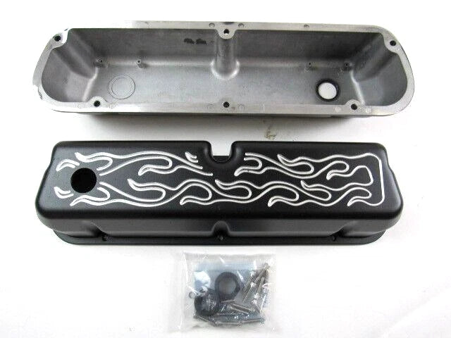 Ford 289-302-351W Aluminum Tall Valve Cover Set Flames Black E41208BK