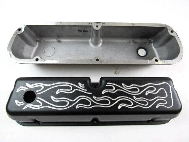 Ford 289-302-351W Aluminum Tall Valve Cover Set Flames Black E41208BK