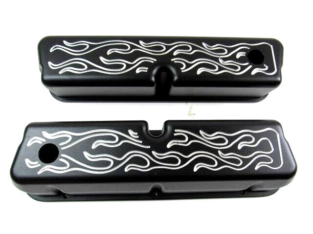 Ford 289-302-351W Aluminum Tall Valve Cover Set Flames Black E41208BK