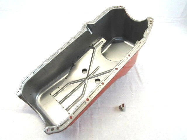 1980-85 SBC Chevy 305 327 350 Stock Steel Oil Pan Pass Side Dip Orange